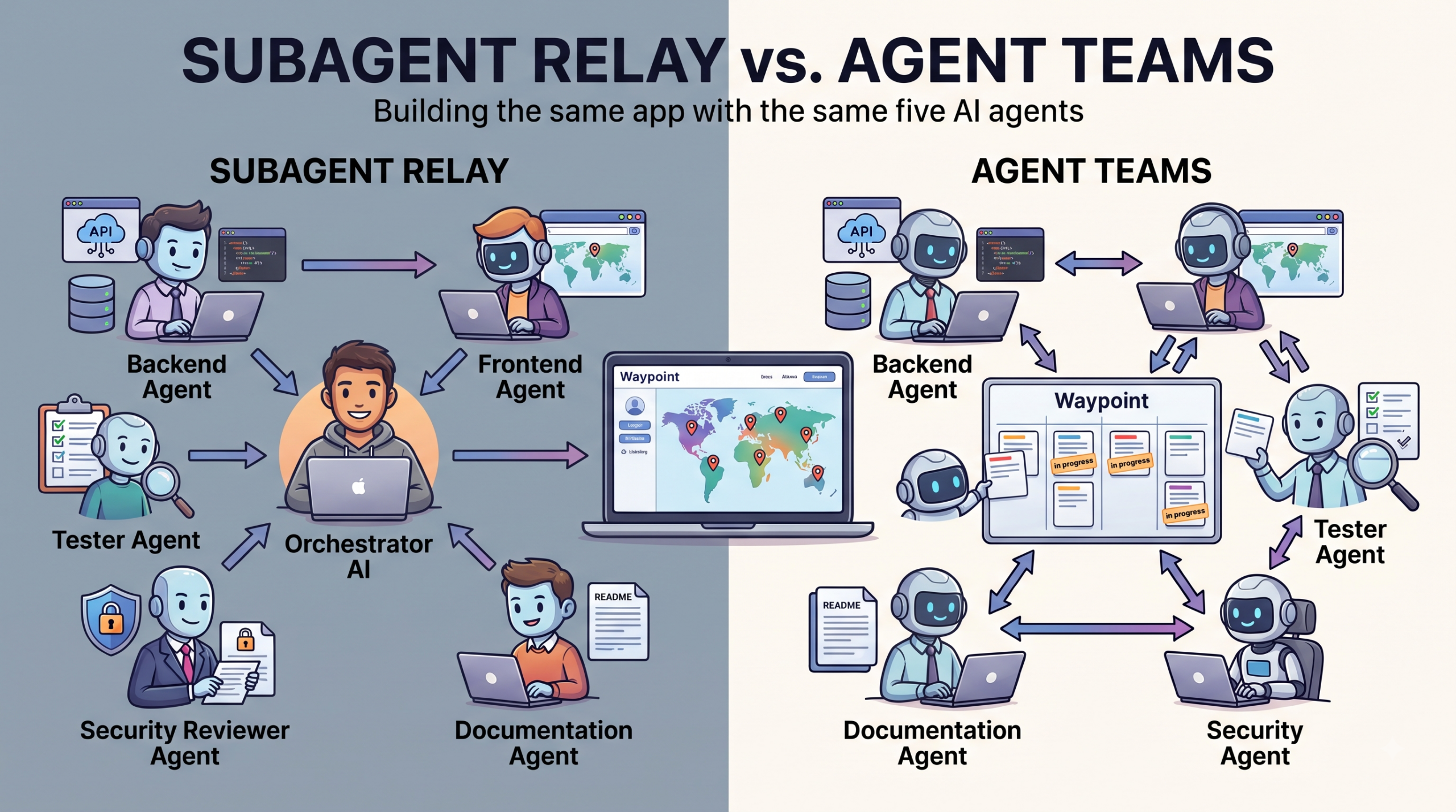 Subagent Relay vs. Agent TeaSubagent Relay vs. Agent Teams diagram comparing two Claude Code multi-agent coordination approachesms diagram comparing two Claude Code multi-agent coordination approaches